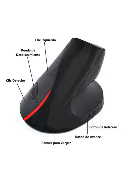 Mouse ergonómico negro con botones y ranura de carga, ideal para tecnología y accesorios