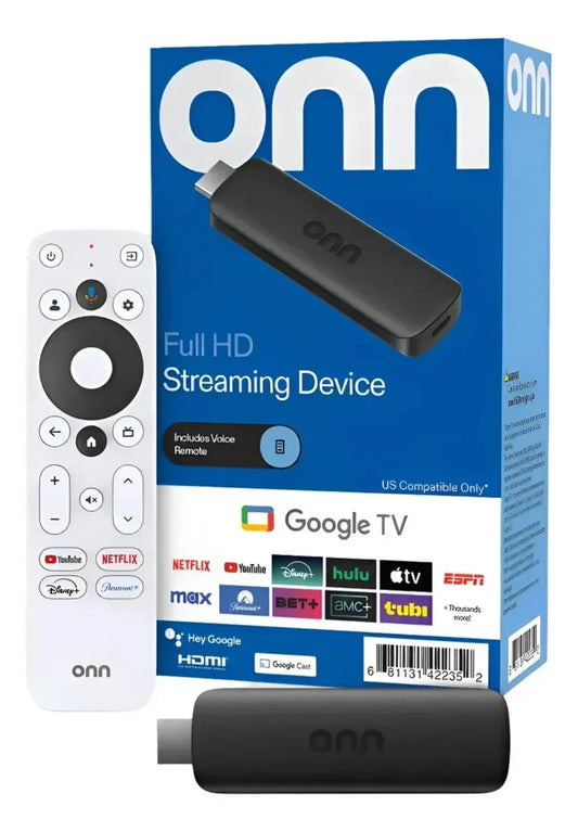 Dispositivo de streaming Full HD Onn con control remoto de voz y Google TV, compatible con Netflix, YouTube y más