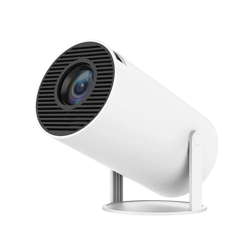 Proyector portátil blanco con lente y rejilla, ideal para tecnología y entretenimiento en casa